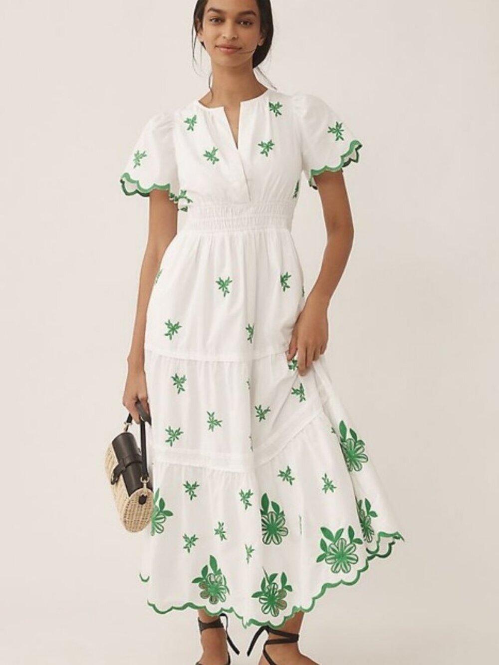 Anthropologie The Somerset Embroidered Maxi Dress White Green Floral Leaves XL - Picture 1 of 11